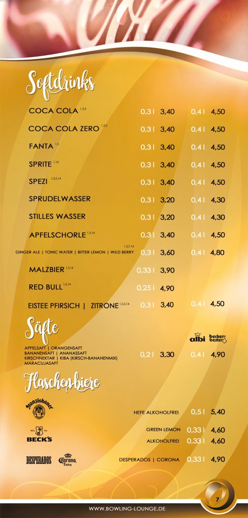 Softdrinks, Säfte & Flaschenbiere – Originalkarte mit Preisen; zum Vergrößern öffnen