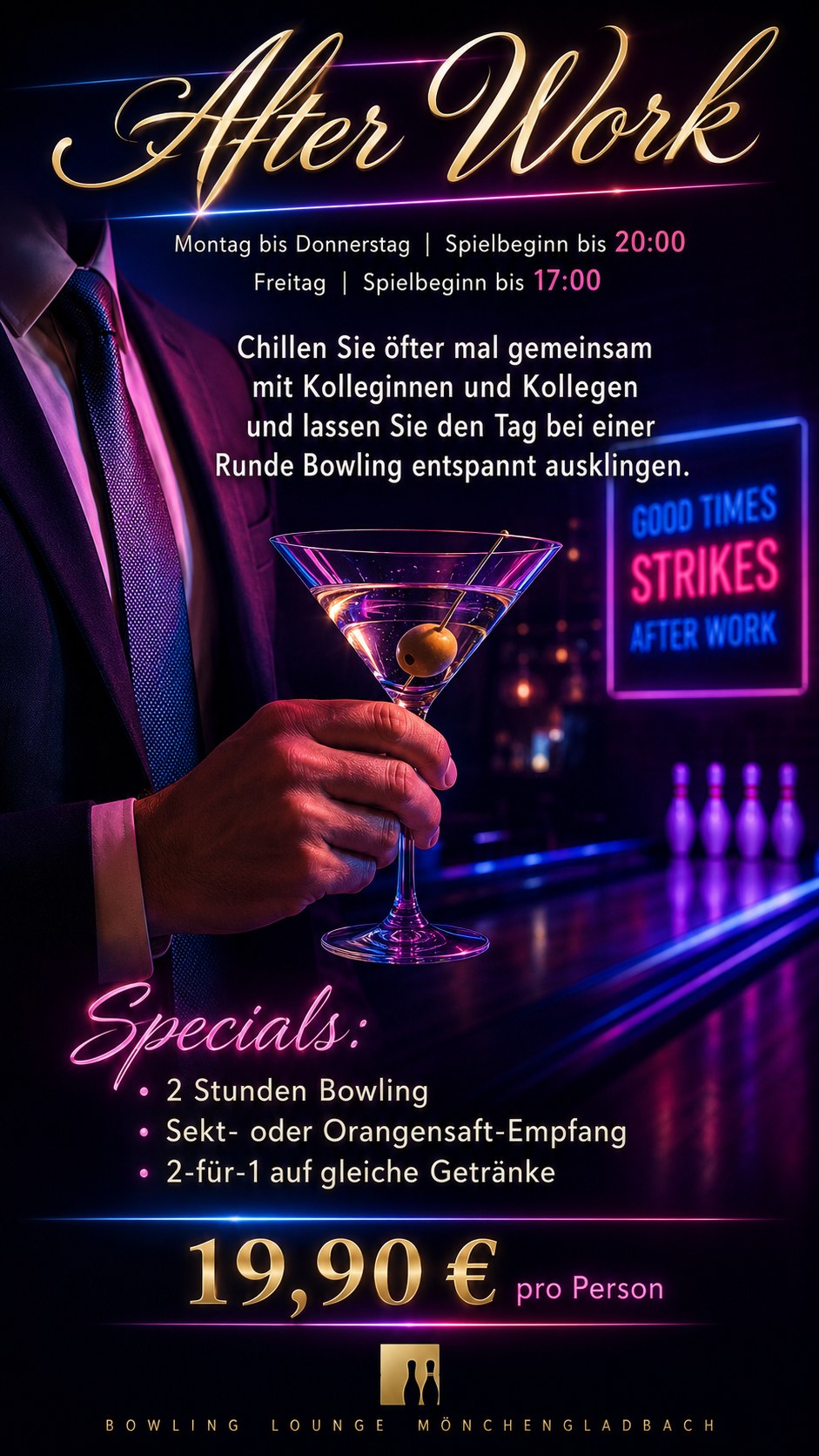 After Work Angebot – Bowling Lounge Mönchengladbach: Montag bis Freitag, 19,90 € pro Person